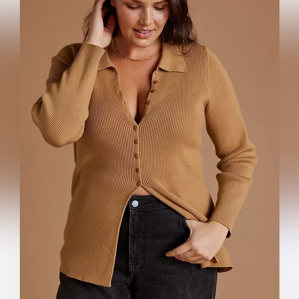 Anthropologie Maeve Ribbed Slim long line Cardigan sweater honey tan brown sz M
